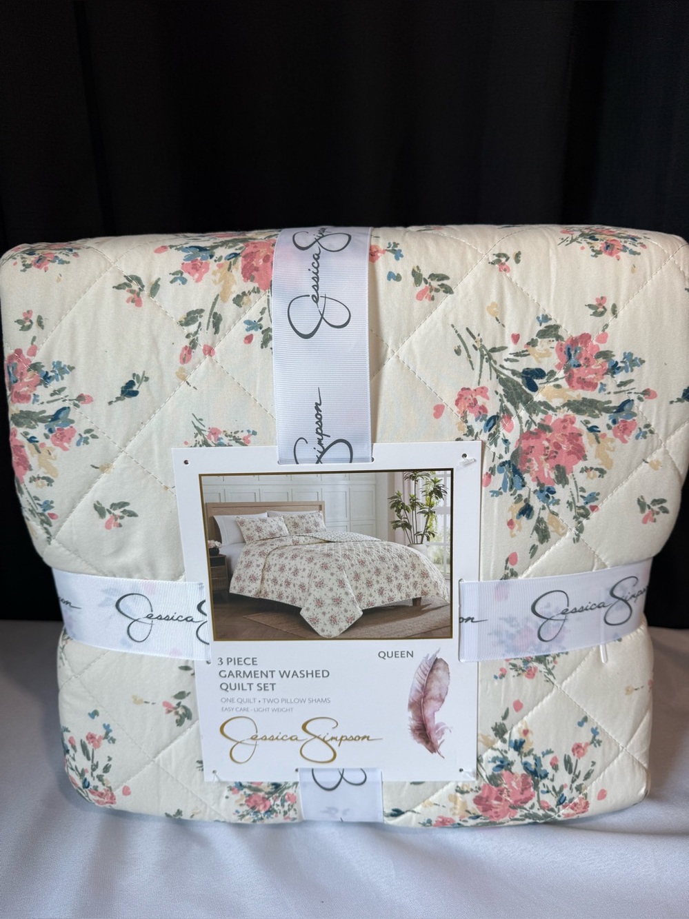 Jessica Simpson Cream Floral Quilt Set with Pink & Green Accents